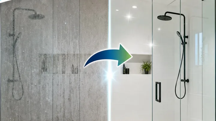 Shower glass before and after EziCleen glass restoration and protection